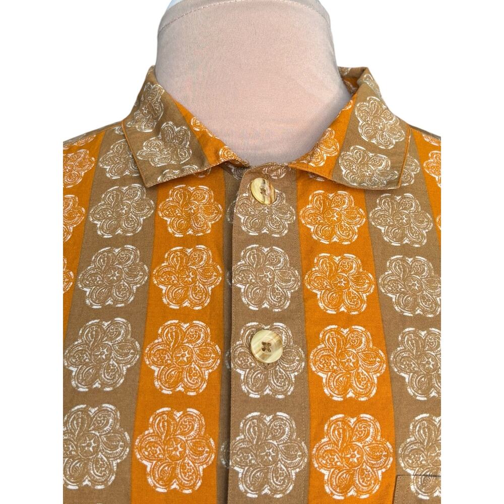 PrAna Organic Cotton Shirt Orange Brown Floral Stripe Mens Small Boho Earth Tone